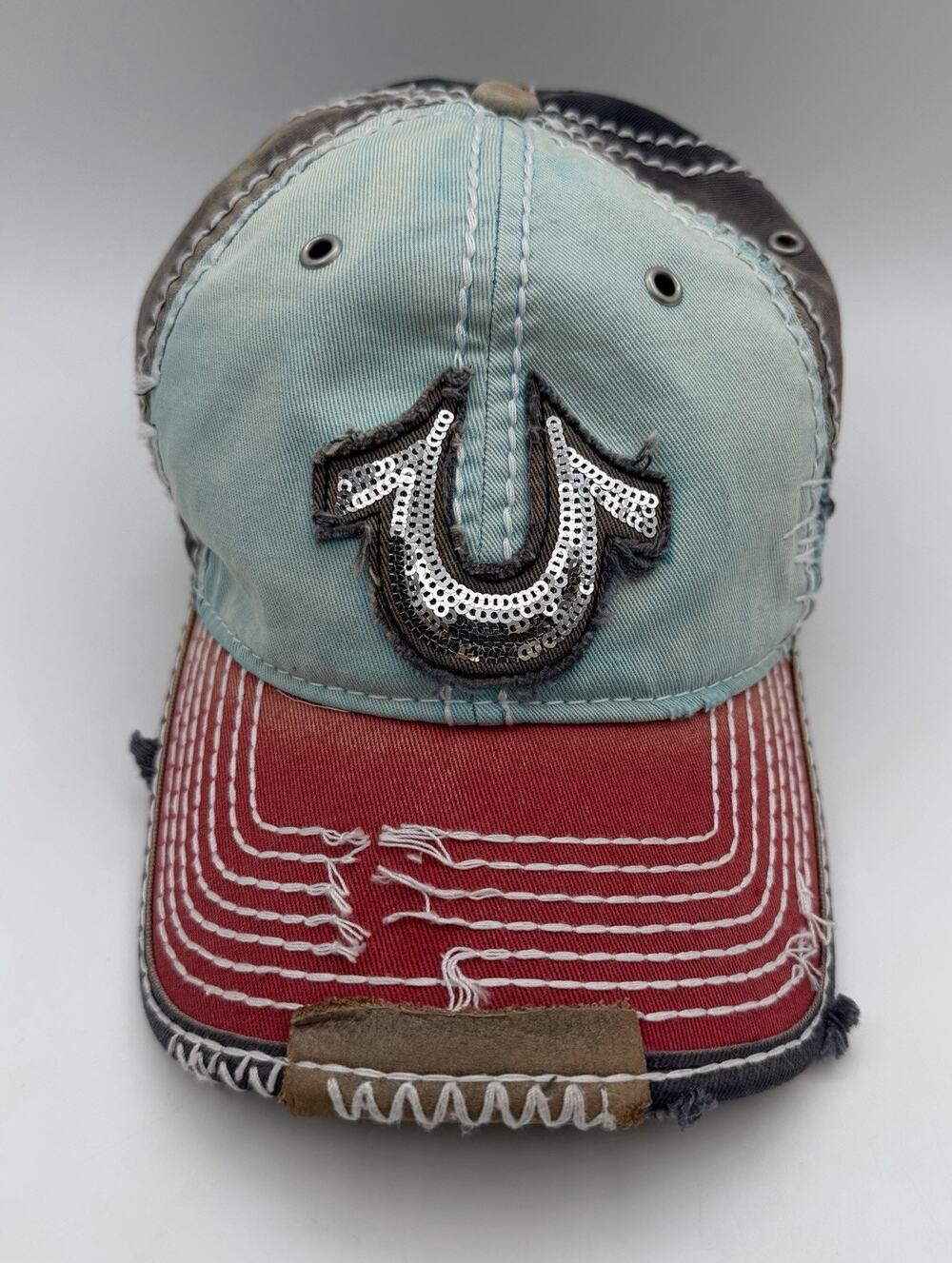 True Religion Hat Cap Distressed Horseshoe Blue Red Sequin Y2K Adjustable Strap